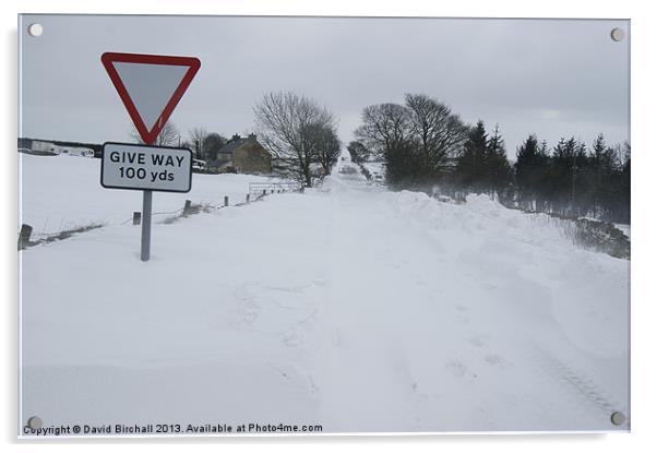 Snowdrift blocking road. Acrylic by David Birchall