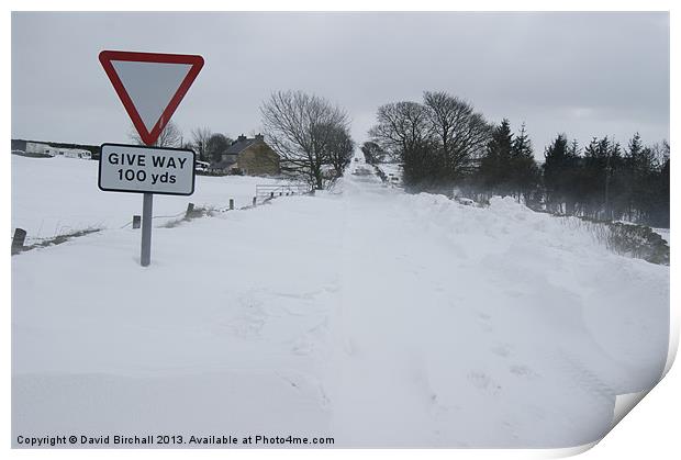Snowdrift blocking road. Print by David Birchall