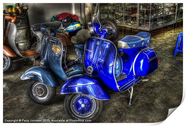 Funky mopeds Print by Perry Johnson