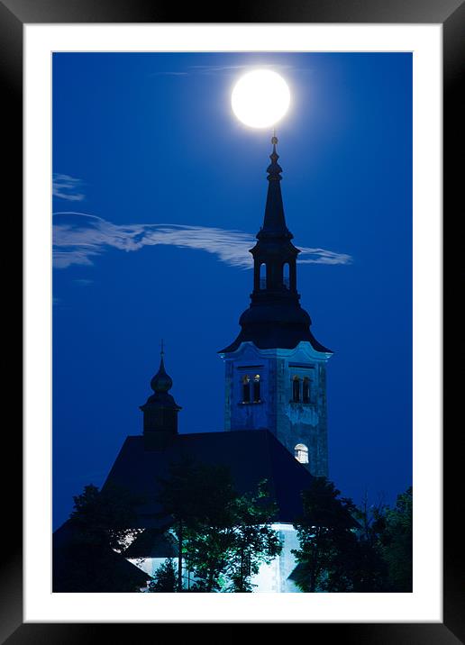 Supermoon over bled Island Church Framed Mounted Print by Ian Middleton