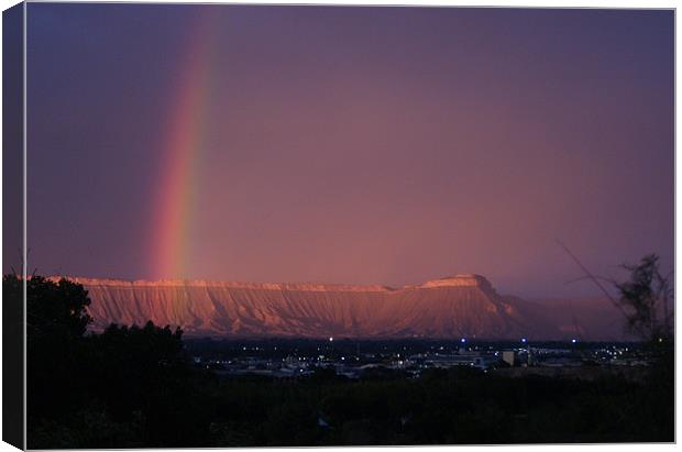 Rainbow over Mt Garfield in a storm Canvas Print by Patti Barrett