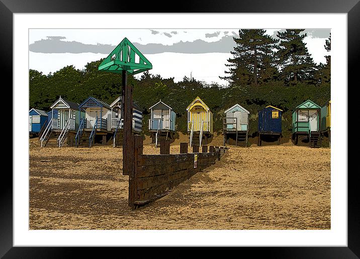 Beach Huts and Groyne Posterised Framed Mounted Print by Bill Simpson