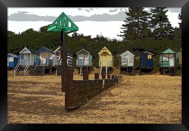 Beach Huts and Groyne Posterised Framed Print by Bill Simpson