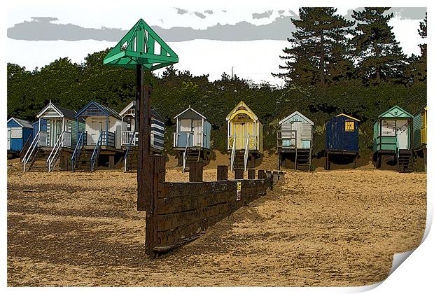 Beach Huts and Groyne Posterised Print by Bill Simpson
