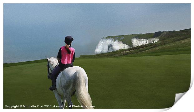 Horse rider on cliff top Print by Michelle Orai