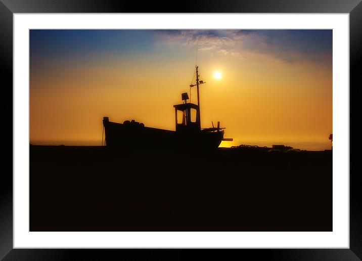 boat silhouette at sunrise Framed Mounted Print by Dean Messenger