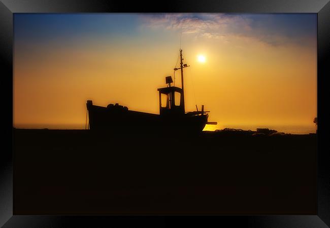 boat silhouette at sunrise Framed Print by Dean Messenger