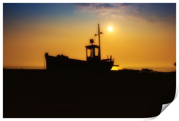 boat silhouette at sunrise Print by Dean Messenger