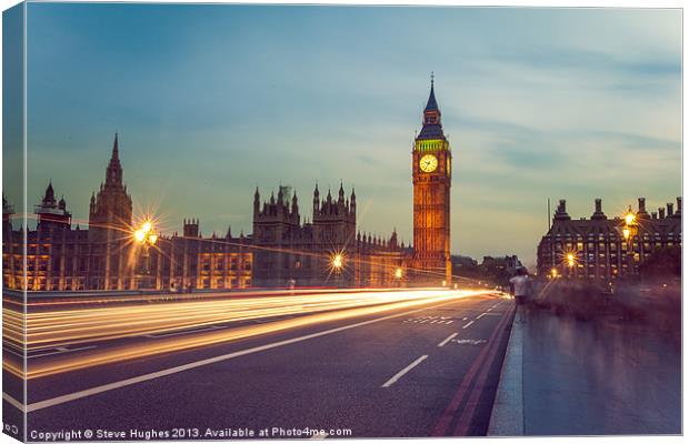Palace of Westminster light trails Canvas Print by Steve Hughes