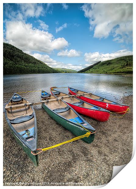 Canoes at Geirionydd Lake Print by Adrian Evans