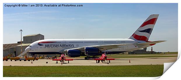 A380 parked with two red arrows Print by Thanet Photos