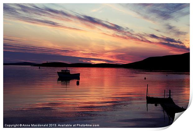Boat In Sunset At Trondra, Shetland. Print by Anne Macdonald