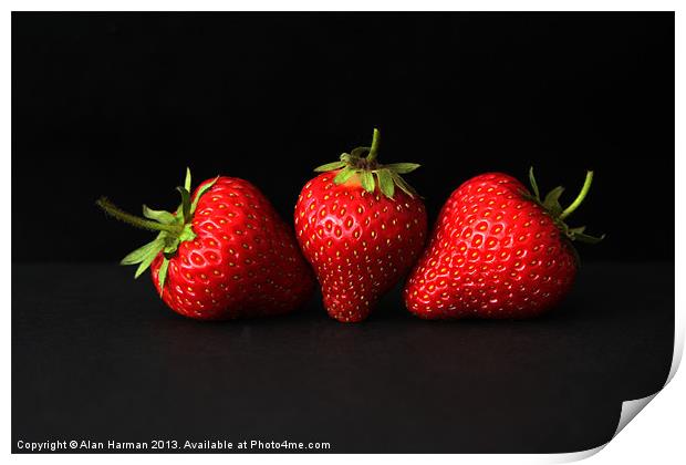 Three Strawberries On Black Print by Alan Harman
