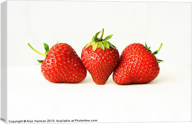 Three Strawberries On White Canvas Print by Alan Harman