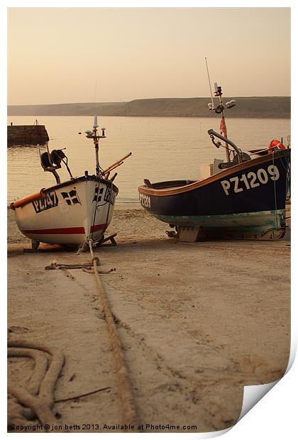 fishing boats in harbour Print by jon betts