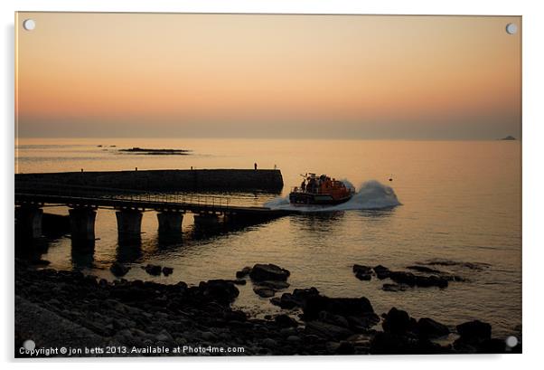 lifeboat launch sennen, cornwall Acrylic by jon betts
