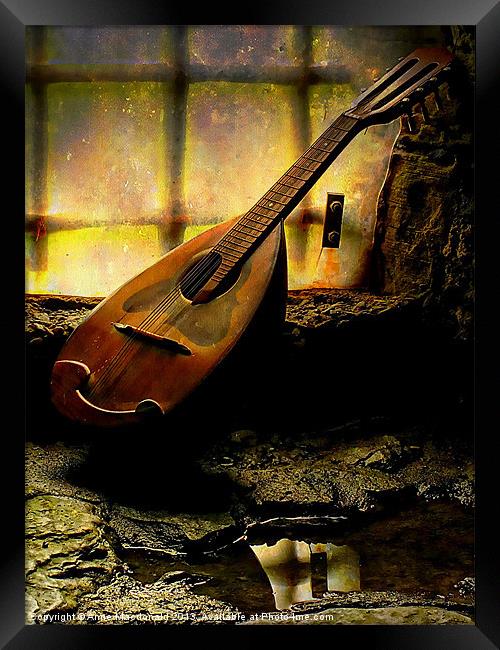 Antique Mandolin In The Castle Window Framed Print by Anne Macdonald