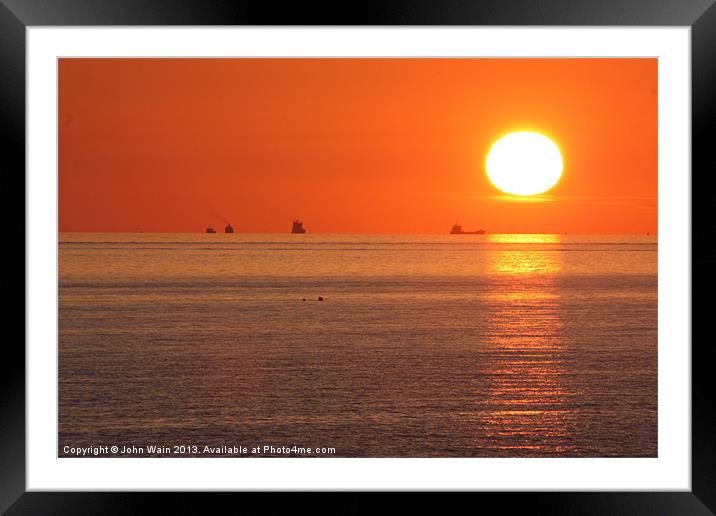 Distant Ships at Sunset Framed Mounted Print by John Wain