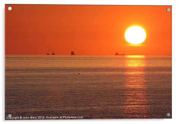Distant Ships at Sunset Acrylic by John Wain