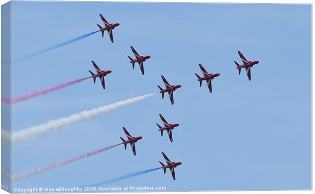 Red Arrows in Flanker Formation Canvas Print by alan willoughby