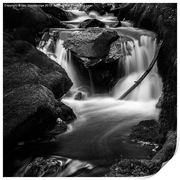 Black and white waterfall over rocks Print by Izzy Standbridge