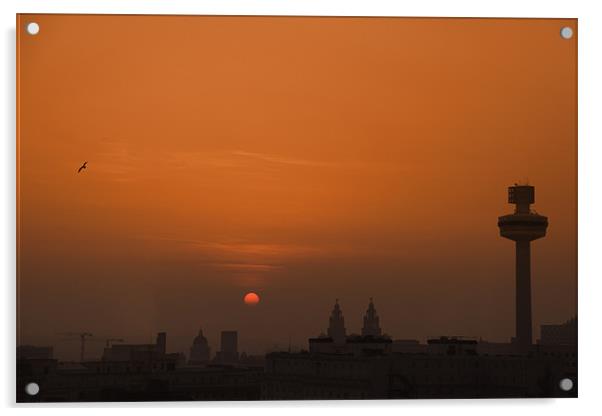 Liverpool Skyline Orange Sun Set Acrylic by Phillip Orr