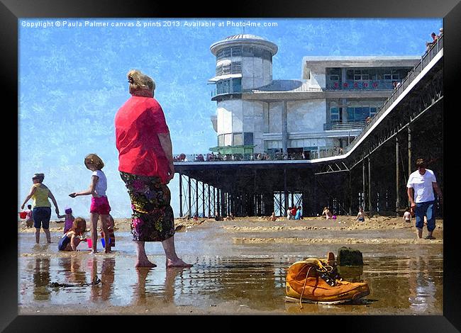 Weston-Super-Mare pier -paddling 1 Framed Print by Paula Palmer canvas