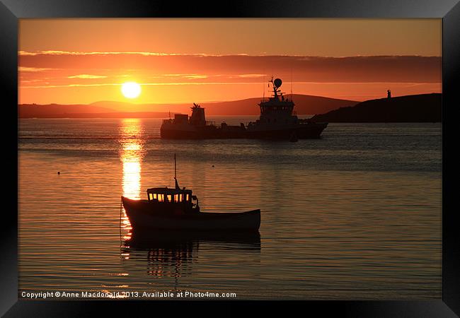 Boats In Sunset At Trondra Framed Print by Anne Macdonald
