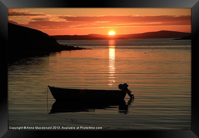 Small Boat In The Sunset Framed Print by Anne Macdonald