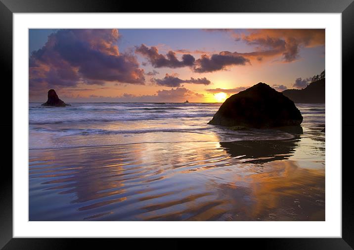 Ecola Sunset Framed Mounted Print by Mike Dawson