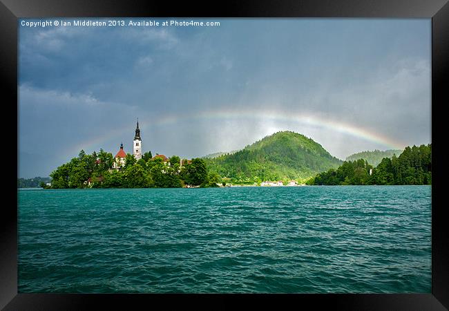 Rainbow over Lake Bled Framed Print by Ian Middleton