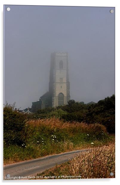 Ghostly Happisburgh church in a sea fret Acrylic by Avril Harris