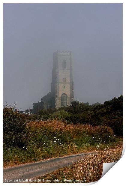 Ghostly Happisburgh church in a sea fret Print by Avril Harris