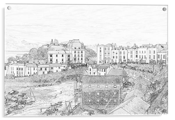 Tenby Harbour Pencil Sketch 2 Acrylic by Steve Purnell