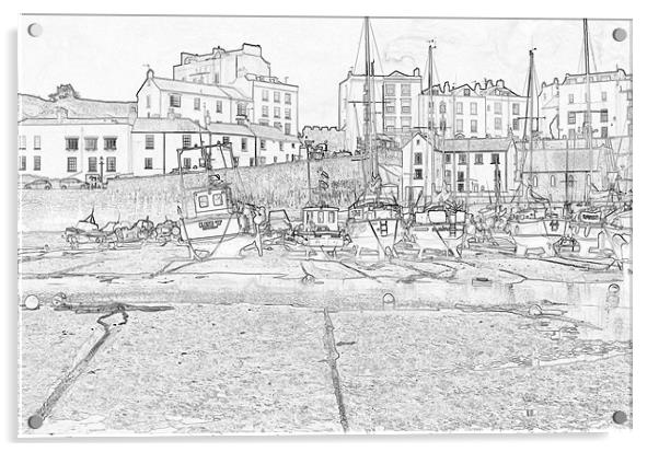 Tenby Harbour Pencil Sketch 3 Acrylic by Steve Purnell