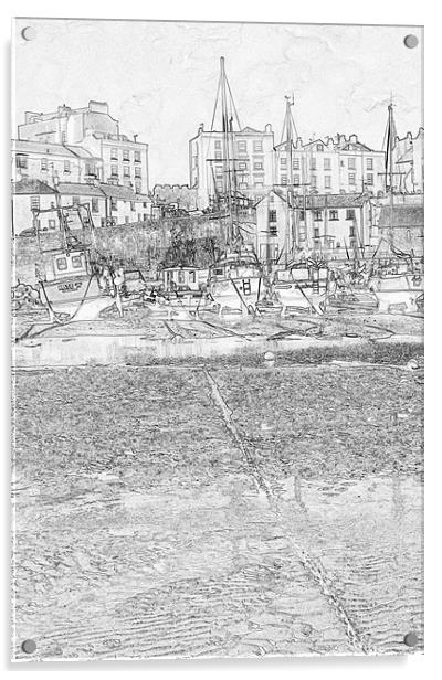 Tenby Harbour Pencil Sketch 4 Acrylic by Steve Purnell