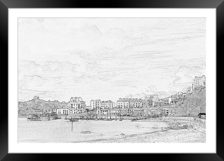 Tenby Harbour Pencil Sketch 5 Framed Mounted Print by Steve Purnell