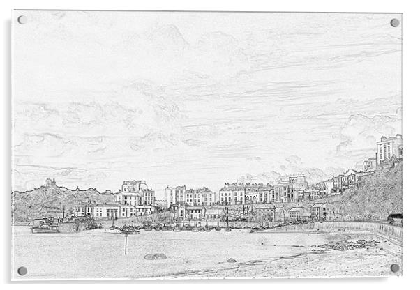 Tenby Harbour Pencil Sketch 5 Acrylic by Steve Purnell