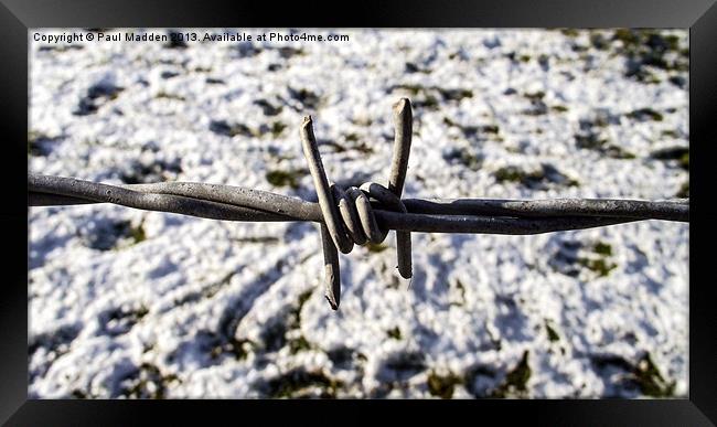 Barbed wire in the snow Framed Print by Paul Madden