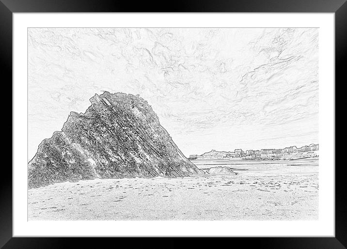 Goscar Rock Tenby Pencil Sketch Framed Mounted Print by Steve Purnell
