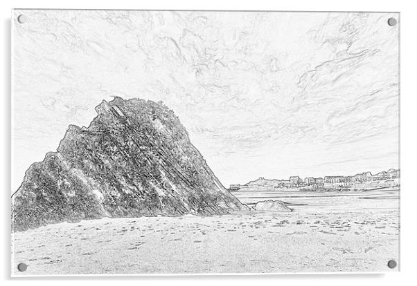 Goscar Rock Tenby Pencil Sketch Acrylic by Steve Purnell