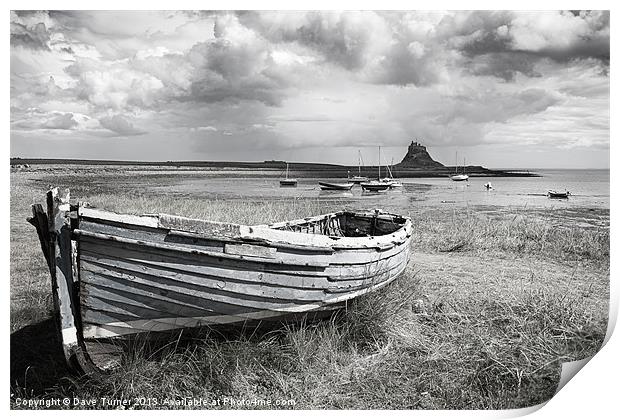 Lindisfarne Castle and Boat Print by Dave Turner