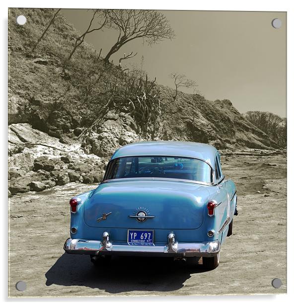 Antique Auto on Rock at Playa Pelada Acrylic by james balzano, jr.