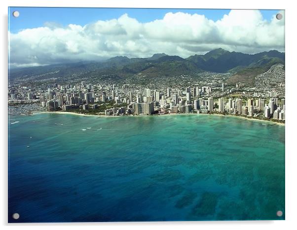 Waikiki Beach and Honolulu Acrylic by Ken Patterson