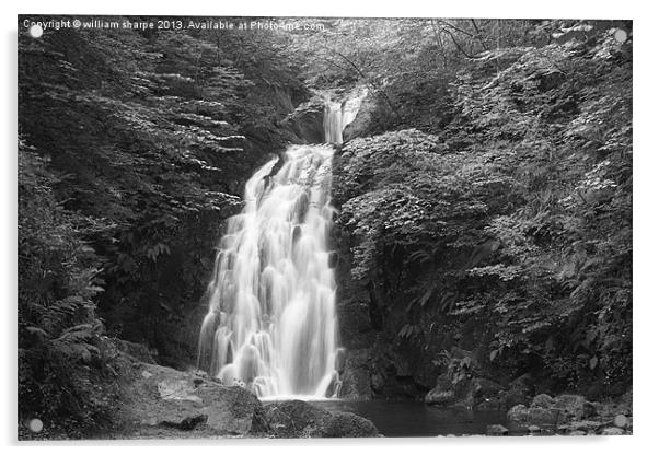 gleno waterfall in black and white Acrylic by william sharpe