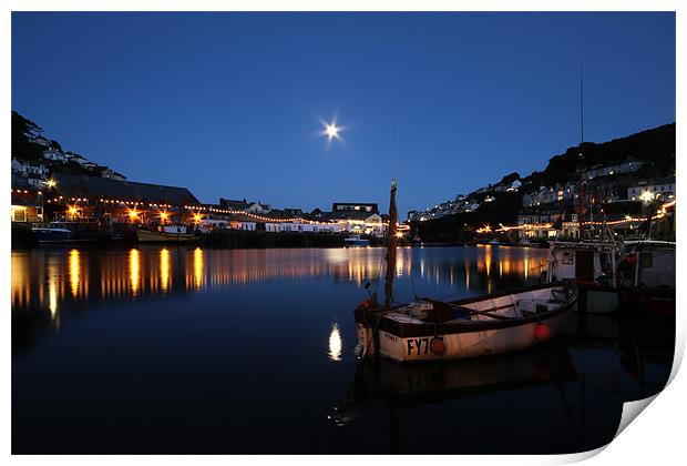 Looe Harbour at night Print by Oxon Images