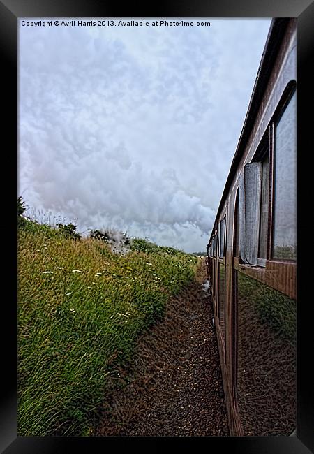 Steam train coach reflection Framed Print by Avril Harris