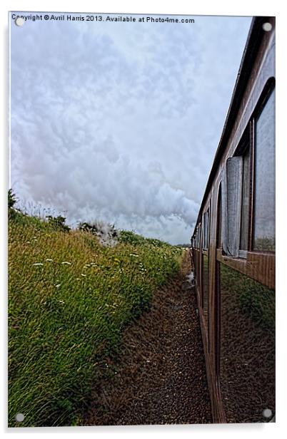 Steam train coach reflection Acrylic by Avril Harris