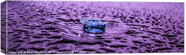 Blue water drop on purple Canvas Print by Paul Madden