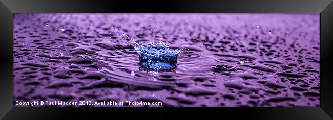 Blue water drop on purple Framed Print by Paul Madden